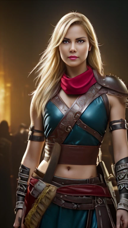 ((masterpiece, highest quality, Highest image quality, High resolution, photorealistic, Raw photo, 8K)), ((Extremely detailed CG unified 8k wallpaper)), (huge stunning goddess shot, very hot and sexy, jaw-dropping beauty, perfect proportions, beautiful body, slim body beauty:1.4), arafed woman in armor holding a sword and shield, portrait of a barbarian female, north female warrior, a very beautiful berserker woman, north adult female warrior, female barbarian, female warrior, portrait of a barbarian woman, barbarian warrior woman, very beautiful female barbarian, barbarian class, portrait of a woman warrior, rpg portrait concept art, (beautiful warrior, holding short sword and small shield, Wearing a red scarf, leather armor), (blonde hair, blue eyes, dark skin), (amphitheatre, Fighting while being watched by the crowd, motion blur), movie poster, large "INFINITY" written at bottom of screen,