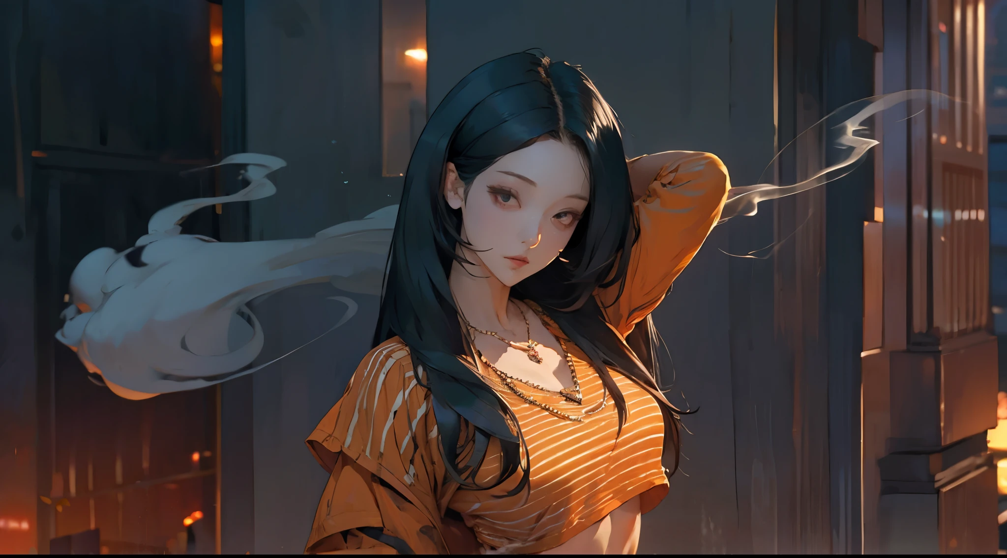 1girl, standing, raised arm, hand behind head, detailed face, looking at viewer, long black hair, middle parted hair, striped orange crop top, full breasts, layered statement necklace, sharp focus, warm amber lighting filter, smoke, dark background, blurry background, bokeh, 