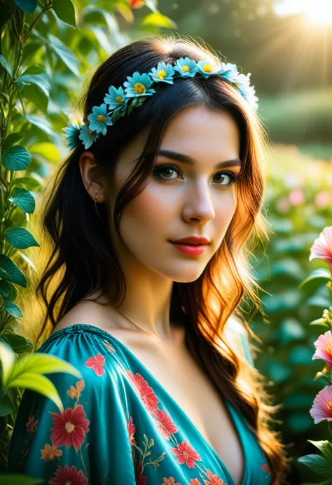 a beautiful young girl in a serene garden, bending down to examine a delicate flower, her long hair flowing gracefully around he...