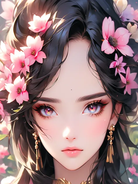 looking at the camera with flowers and golden eyes., 8k high quality, detailed art, very fine eye, beautiful and detailed, hyper...