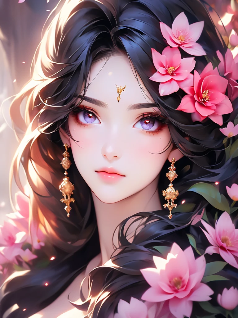 Looking at the camera with flowers and golden eyes., 8K high quality, detailed art, Very fine eye, Beautiful and detailed, Hyper Detail Eyes, Stunning face portrait, Ultra-fine eyes, Cute realistic portrait, Dreaming eyes, Large and fine eyes, Highly detailed face and eyes, Beautiful attention to detail, Very fine grain、Surrounded by flowers、Beautiful illustration、Eye close-up、mysterious、Gorgeous、Black Hair, Very long hair, Straight Hair, Large Breasts, (((Large flowers around the face)))、