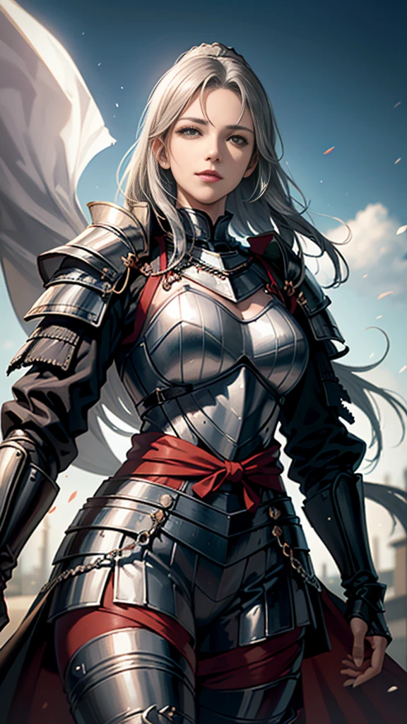 Black Hair：1.3, Amazing character art, ((Silver Knight Armor:1.3 )),((Pure white background)), 3d rendering character art 8k, Handsome，Beautiful female knight, 2. 5D CGI Anime Fantasy Artwork, Detailed digital art, Very nice work of art, Fan Art Best Art Station, (Red velvet long cape),(Stretch your open hand forward:1.3), (Hands on hips),(on stage:1.2),((From below)),Eyes looking into the distance,(A female general gives orders to her soldiers:1.3),Muscular,(samurai:1.2),Confident，An inappropriate smile，teasing，Overbearing，samurai：1.2，Japan