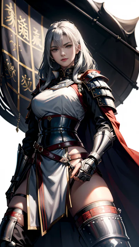 black hair：1.3, amazing character art, ((silver knight armor:1.3 )),((pure white background)), 3d rendering character art 8k, ha...