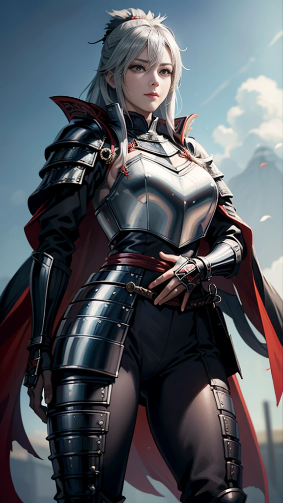 Black Hair：1.3, Amazing character art, ((Silver Knight Armor:1.3 )),((Pure white background)), 3d rendering character art 8k, Handsome，Beautiful female knight, 2. 5D CGI Anime Fantasy Artwork, Detailed digital art, Very nice work of art, Fan Art Best Art Station, (Red velvet long cape),(Stretch your open hand forward:1.3), (Hands on hips),(on stage:1.2),((From below)),Eyes looking into the distance,(A female general gives orders to her soldiers:1.3),Muscular,(samurai:1.2),Confident，An inappropriate smile，teasing，Overbearing，samurai：1.2，Japan