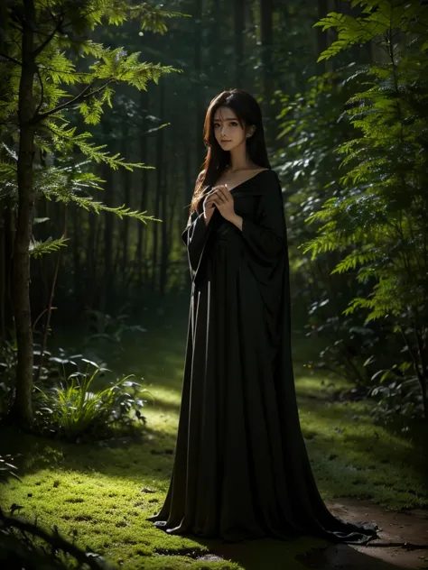 a serene night scene in a dense forest, with a beautiful witch standing in the middle. the witch wears a simple, elegant dark ro...