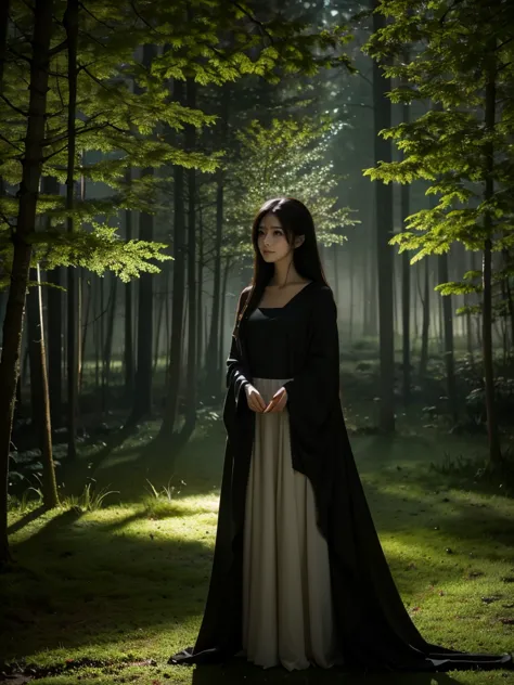 a serene night scene in a dense forest, with a beautiful witch standing in the middle. the witch wears a simple, elegant dark ro...