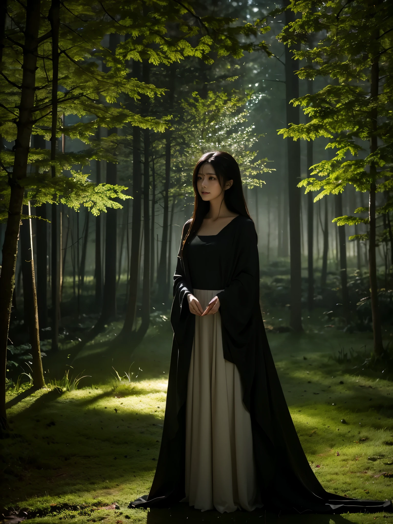 A serene night scene in a dense forest, with a beautiful witch standing in the middle. The witch wears a simple, elegant dark robe with long sleeves, blending harmoniously with the natural surroundings. Her expression is calm and thoughtful, exuding quiet power and wisdom. The forest is illuminated by soft, ethereal moonlight filtering through tall, slender trees, casting gentle shadows on the moss-covered ground. The atmosphere is peaceful and subdued, with a focus on the quiet beauty of the night. The scene should feel mystical and tranquil, with the witch seamlessly integrated into the starlit environment."

Additional Parameters:

Style: Realistic, moody lighting
Lighting: Soft moonlight, subtle shadows
Colors: Dark tones, natural shades
Composition: The witch should be centered, with tall trees in the background and soft light highlighting her figure
Environment: Dense forest at night, mossy ground, serene atmosphere