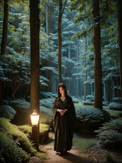 a serene night scene in a dense forest, with a beautiful witch standing in the middle. the witch wears a simple, elegant dark ro...