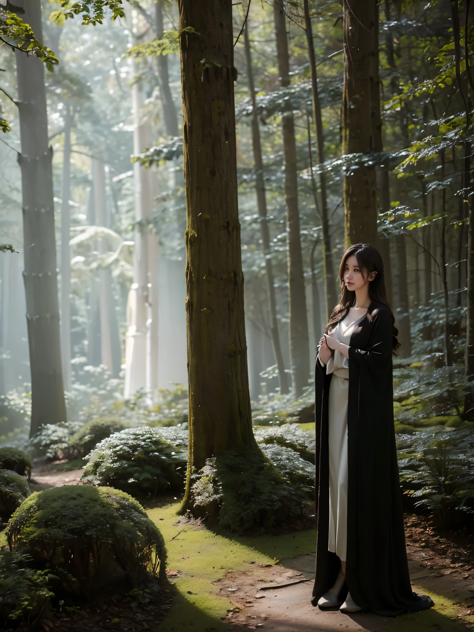 A serene night scene in a dense forest, with a beautiful witch standing in the middle. The witch wears a simple, elegant dark robe with long sleeves, blending harmoniously with the natural surroundings. Her expression is calm and thoughtful, exuding quiet power and wisdom. The forest is illuminated by soft, ethereal moonlight filtering through tall, slender trees, casting gentle shadows on the moss-covered ground. The atmosphere is peaceful and subdued, with a focus on the quiet beauty of the night. The scene should feel mystical and tranquil, with the witch seamlessly integrated into the starlit environment."

Additional Parameters:

Style: Realistic, moody lighting
Lighting: Soft moonlight, subtle shadows
Colors: Dark tones, natural shades
Composition: The witch should be centered, with tall trees in the background and soft light highlighting her figure
Environment: Dense forest at night, mossy ground, serene atmosphere