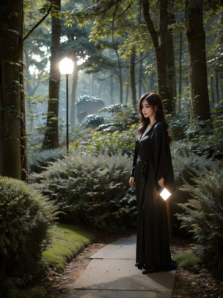 A serene night scene in a dense forest, with a beautiful witch standing in the middle. The witch wears a simple, elegant dark robe with long sleeves, blending harmoniously with the natural surroundings. Her expression is calm and thoughtful, exuding quiet power and wisdom. The forest is illuminated by soft, ethereal moonlight filtering through tall, slender trees, casting gentle shadows on the moss-covered ground. The atmosphere is peaceful and subdued, with a focus on the quiet beauty of the night. The scene should feel mystical and tranquil, with the witch seamlessly integrated into the starlit environment." Additional Parameters: Style: Realistic, moody lighting Lighting: Soft moonlight, subtle shadows Colors: Dark tones, natural shades Composition: The witch should be centered, with tall trees in the background and soft light highlighting her figure Environment: Dense forest at night, mossy ground, serene atmosphere
