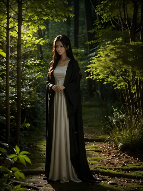 a serene night scene in a dense forest, with a beautiful witch standing in the middle. the witch wears a simple, elegant dark ro...