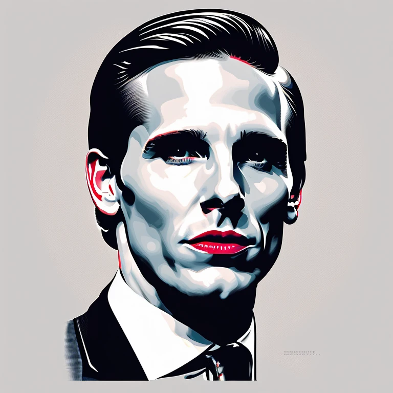 t-shirt designer, stylized modern vector art, (white background), vector, design, (a close-up of a man in a suit making a face), Patrick Bateman), in American Psycho (1 9 9 9),, ,,(Christian Bale), (smug smile).(minimalist),.few details,colors (black and white).
