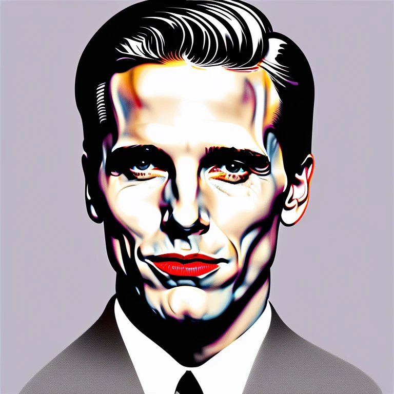 t-shirt designer, stylized modern vector art, (white background), vector, design, (a close-up of a man in a suit making a face), Patrick Bateman), in American Psycho (1 9 9 9),, ,,(Christian Bale), (smug smile).(minimalist),.few details,colors (black and white).
