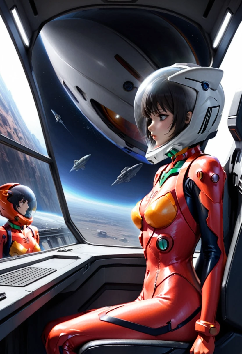 plugsuit, red bodysuit,evangelion,red helmet, space helmet ,( short hair, street, emo, BLACK hair, white eyes, eyeliner, apocalypse, girl, nside the (cockpit) of a (futuristic spaceship:1.6), , blush,sitting on a chair, covered navel, space helmet, muvluv, space helm, plugsuit , space helmet, eva helm,t, short hair, ,helmet, from side