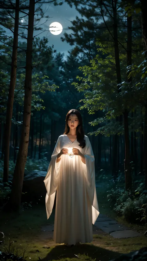 quiet night scene in the deep forest, a beautiful witch stands in the middle. the witch is in simple, wearing an elegant dark ro...