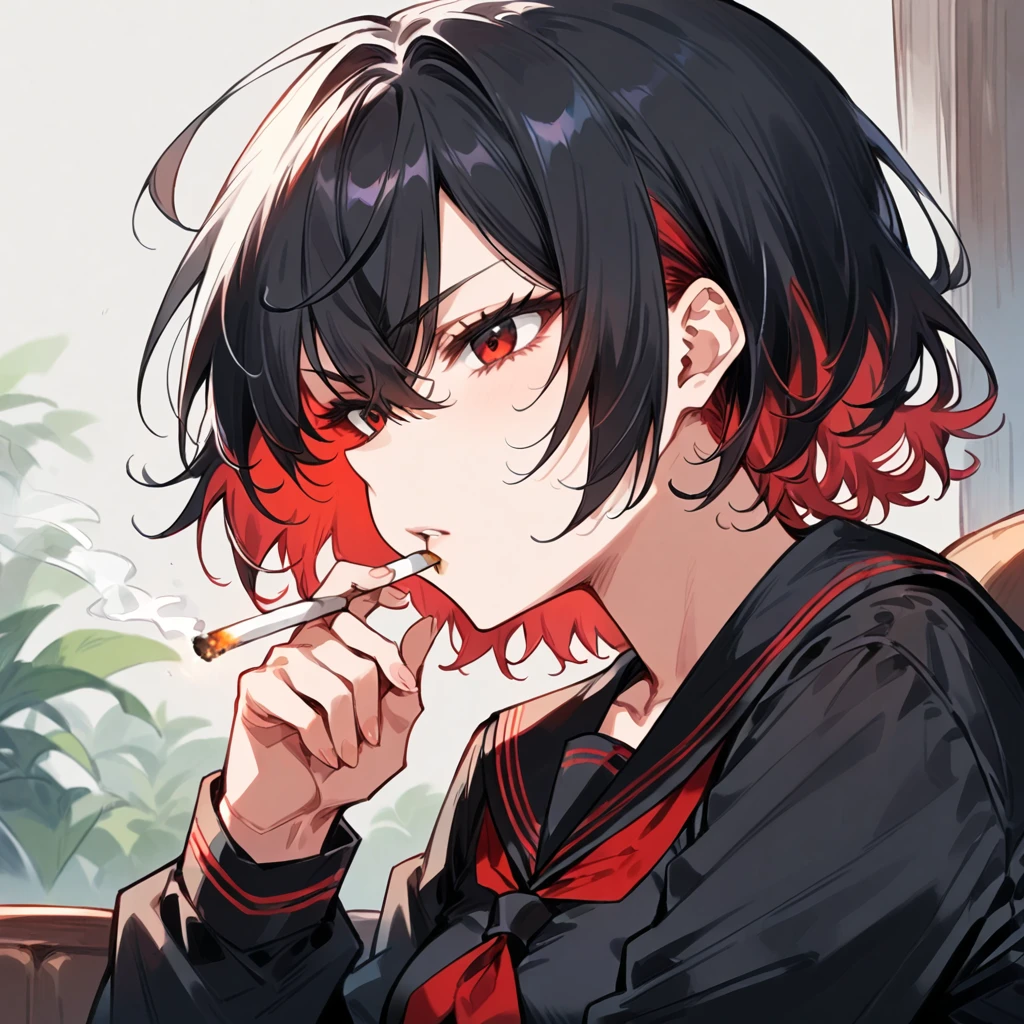 score_9, score_8_up, score_7_up, masterpiece, ultra-detailed, Black serafuku, sitting,1Girl, smoking cigarette, cigarette in mouth, sendou ayumu, Black hair, red inner hair, face close-up