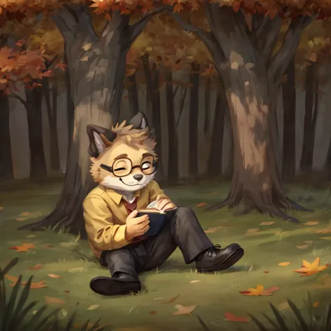 an medium sized anthropomorphic animal sleeping with a red book in his arms, seated under a autumn tree, he has glasses, he's dr...