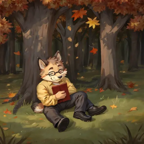 an medium sized anthropomorphic animal sleeping with a red book in his arms, seated under a autumn tree, he has glasses, he's dr...