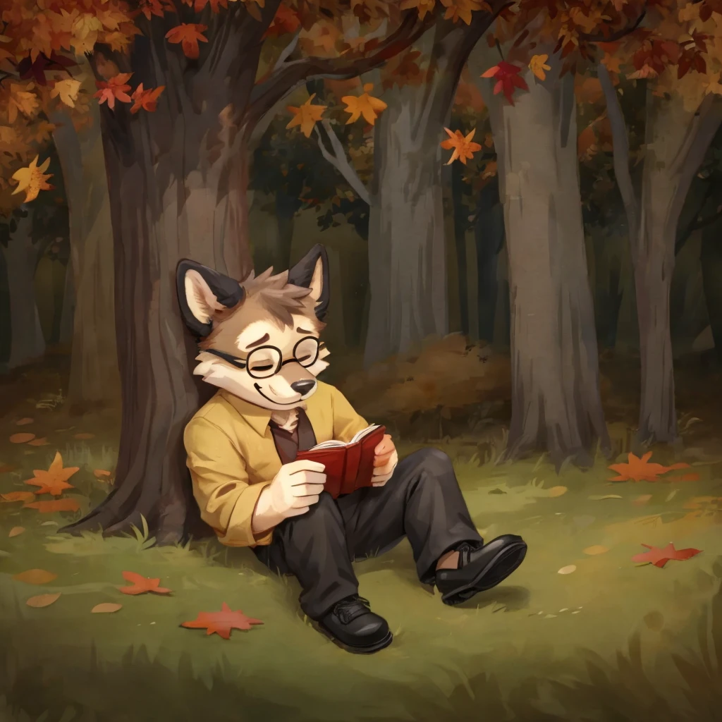 An medium sized anthropomorphic animal sleeping with a red book in his arms, seated under a autumn tree, he has glasses, he's dressed with a yellow-beige shirt, dark gray pants and black shoes.. closed smile, high quality furry art, chibi style.