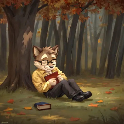 an medium sized anthropomorphic animal sleeping with a red book in his arms, seated under a autumn tree, he has glasses, he's dr...