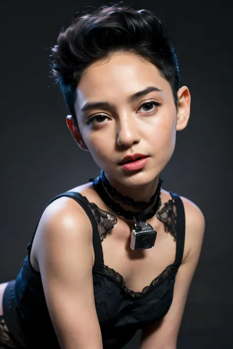 ((3x-ultrasharp)), ((neck lace)), ((gothic black eyelashes & lips)), ((black lips)), ((stylo shorthaircut)), adorable, 1 girl, (...