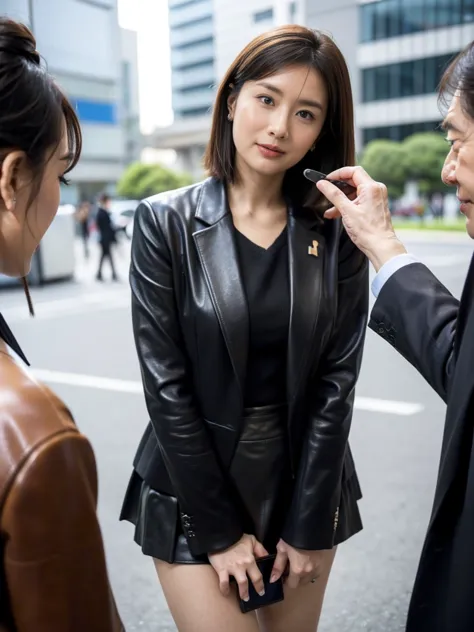 full-length of a beautiful japanese female journalist broadcasting outside、full-length photo of a female journalist、((the female...