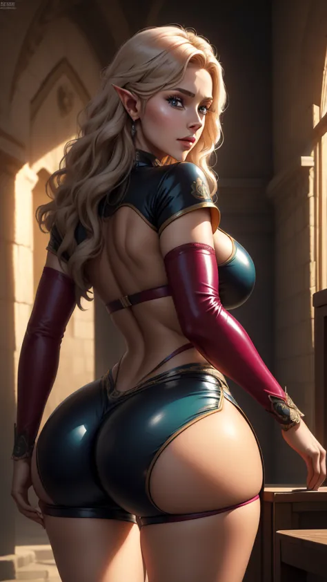 ((masterpiece, best-quality, ultra_detailed)), female elf dressed in latex booty shorts, gorgeous, attractive, african, voluptuo...