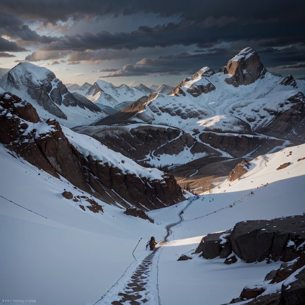 a logo with the text "FTB", mountaineering theme, detailed mountain landscape, snow-capped peaks, climbers scaling the mountain, ropes, carabiners, hiking gear, minimalist design, geometric shapes, dark color scheme, moody lighting, dramatic shadows, rugged textures, (best quality,4k,8k,highres,masterpiece:1.2),ultra-detailed,(realistic,photorealistic,photo-realistic:1.37),concept art