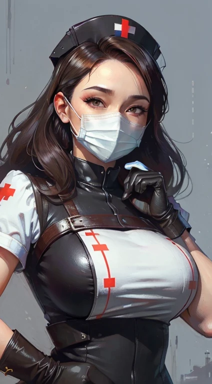 score_9, score_8_up, score_7_up, detailed, 16k, adjusting clothes, adjusting gloves, upper body, looking at viewer, from below, nurse cap, nurse, mask, oiled gloves,oil painting 