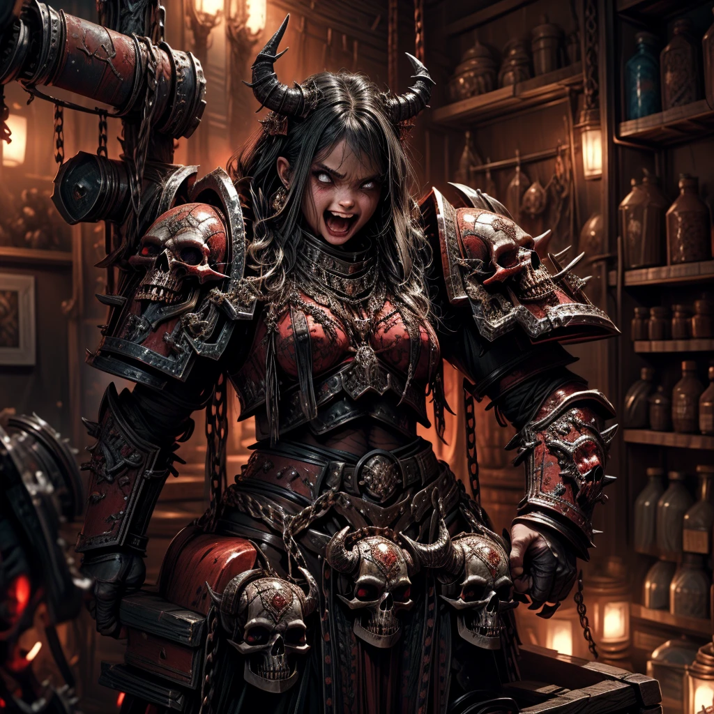 1 female, khornate berzerker, broken horn, red colored skin, fangs, drool, demon horns, demon wings, spiked armor, skull jewelry, chains, leather armor, shoulder armor, torn clothes, vambraces, brass armor, chain axe, claws, chaos, warhammer, WH40k, warhammer fantasy art