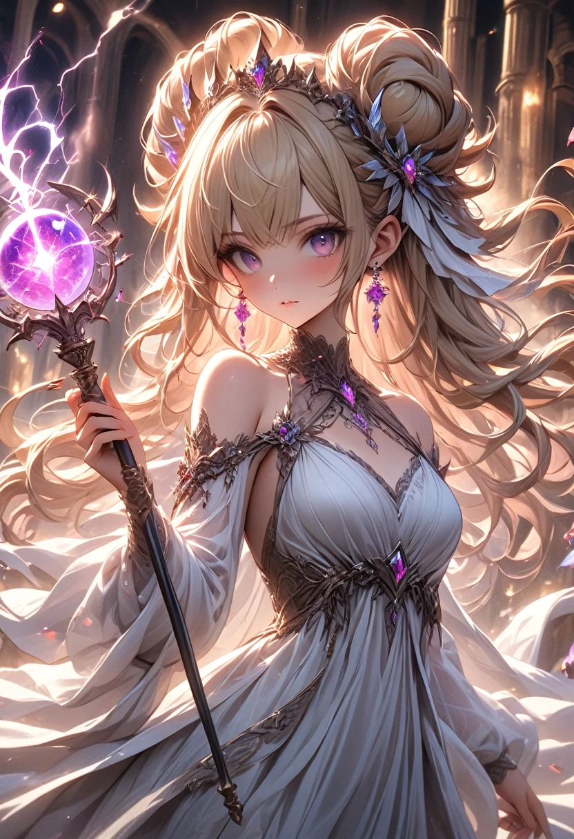 ((masterpiece)), (Textured Skin), ((High Detail)), best quality, The award-winning, 8K, Beautiful woman, Silk dress, noble, Princess, Queen, Blonde, Half bun, Hair flap, jewelled headdress, Crystal Earrings, S((best quality)), 1 Girl, Succubus，Holding a magic wand，Thunder and Lightning，（electrical arcs），electrical arcs，（lightning），（flame），（Fireball）