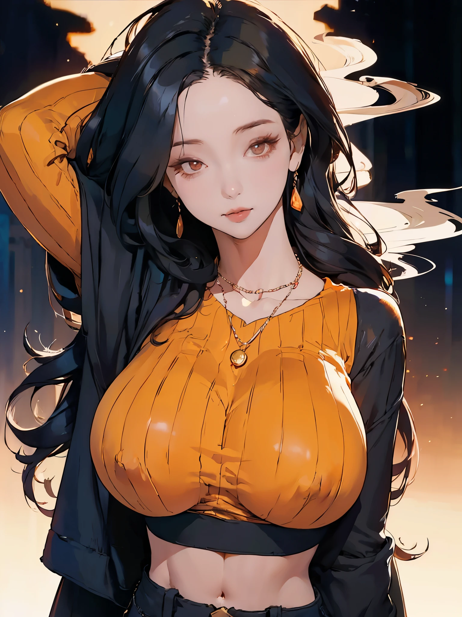 1girl, standing, raised arm, hand behind head, detailed face, looking at viewer, long black hair, middle parted hair, striped orange crop top, full breasts, (gigantic breasts), layered statement necklace, sharp focus, warm amber lighting filter, smoke, dark background, blurry background, bokeh,