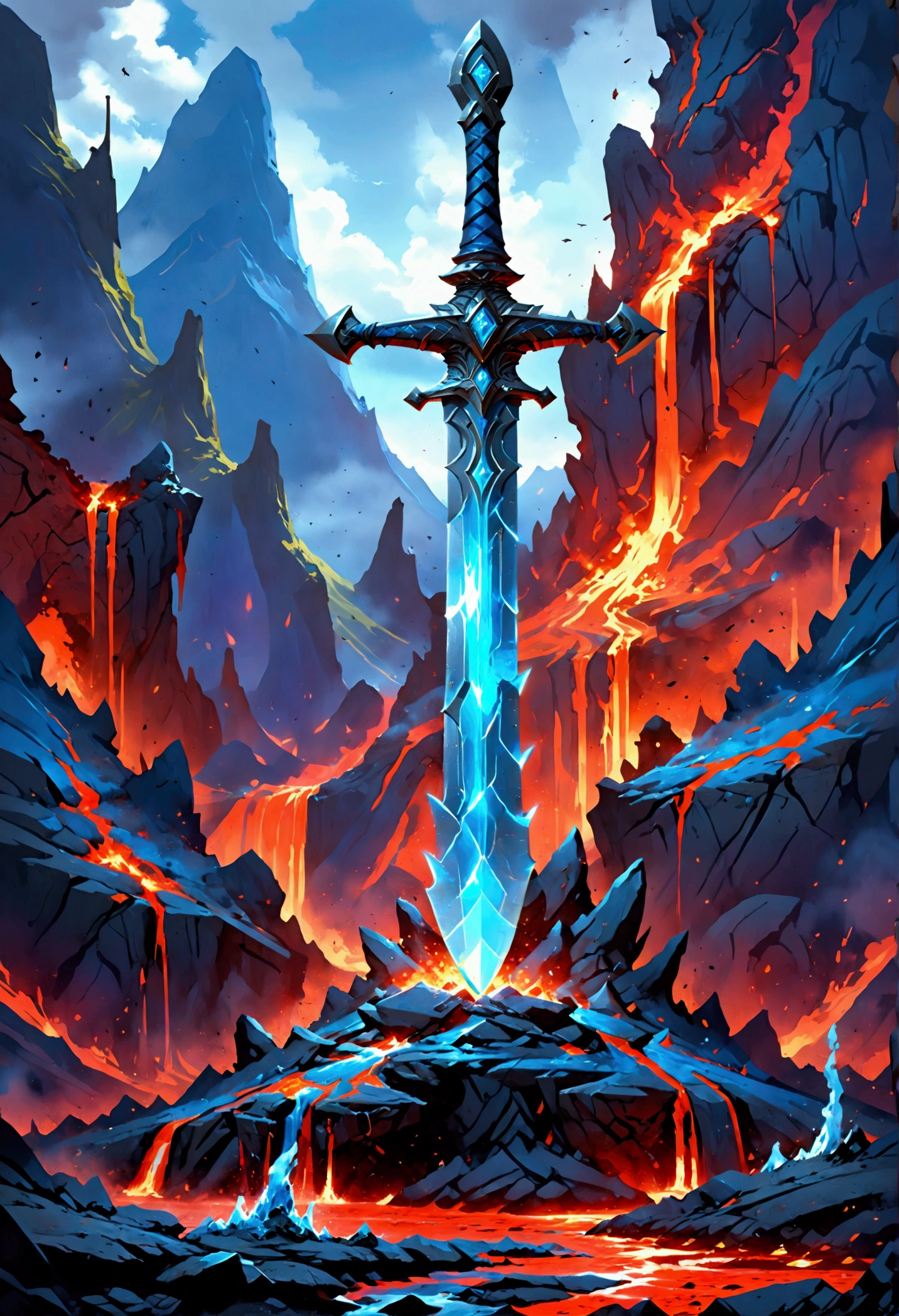 an giant sized sword surrounded with blue flame  stands on its point in volcano, a masterful sword made from diamond, epic sword, divine sword, (mountain sized sword: 1.5), its glistening in the sun, it has many facets, blue flames surround it GlowingRunesAI_paleblue, it stands in a pool of lava in a volcano, fantasy volcano background, high quality, landscape, lava land,  (best details, Masterpiece, best quality :1.5), ultra best realistic pictures , best details, best quality, 16k, [ultra detailed], masterpiece, best quality, (extremely detailed), ultra wide shot, photorealism, depth of field,