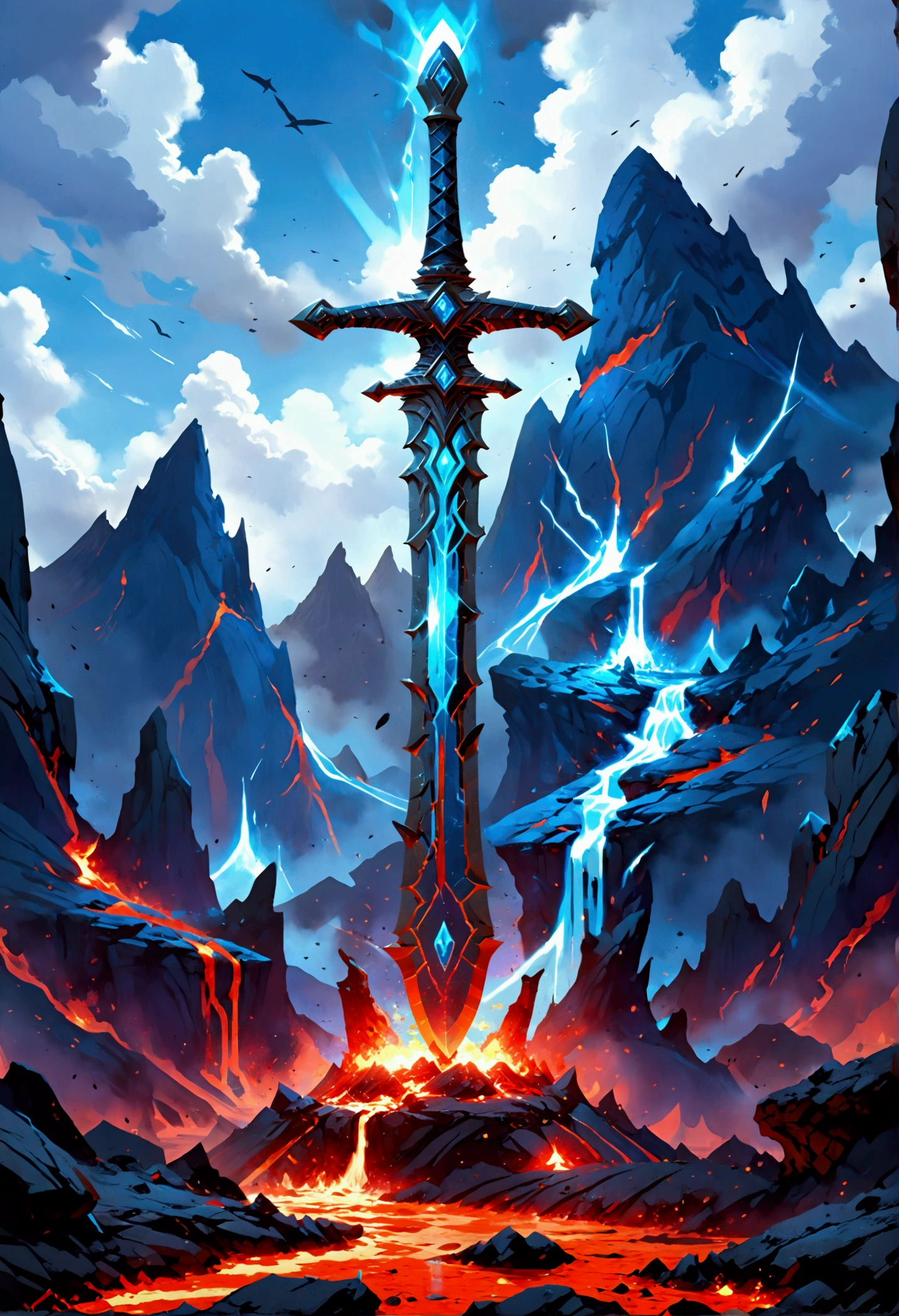 an giant sized sword surrounded with blue flame  stands on its point in volcano, a masterful sword made from diamond, epic sword, divine sword, (mountain sized sword: 1.5), its glistening in the sun, it has many facets, blue flames surround it GlowingRunesAI_paleblue, it stands in a pool of lava in a volcano, fantasy volcano background, high quality, landscape, lava land,  (best details, Masterpiece, best quality :1.5), ultra best realistic pictures , best details, best quality, 16k, [ultra detailed], masterpiece, best quality, (extremely detailed), ultra wide shot, photorealism, depth of field,