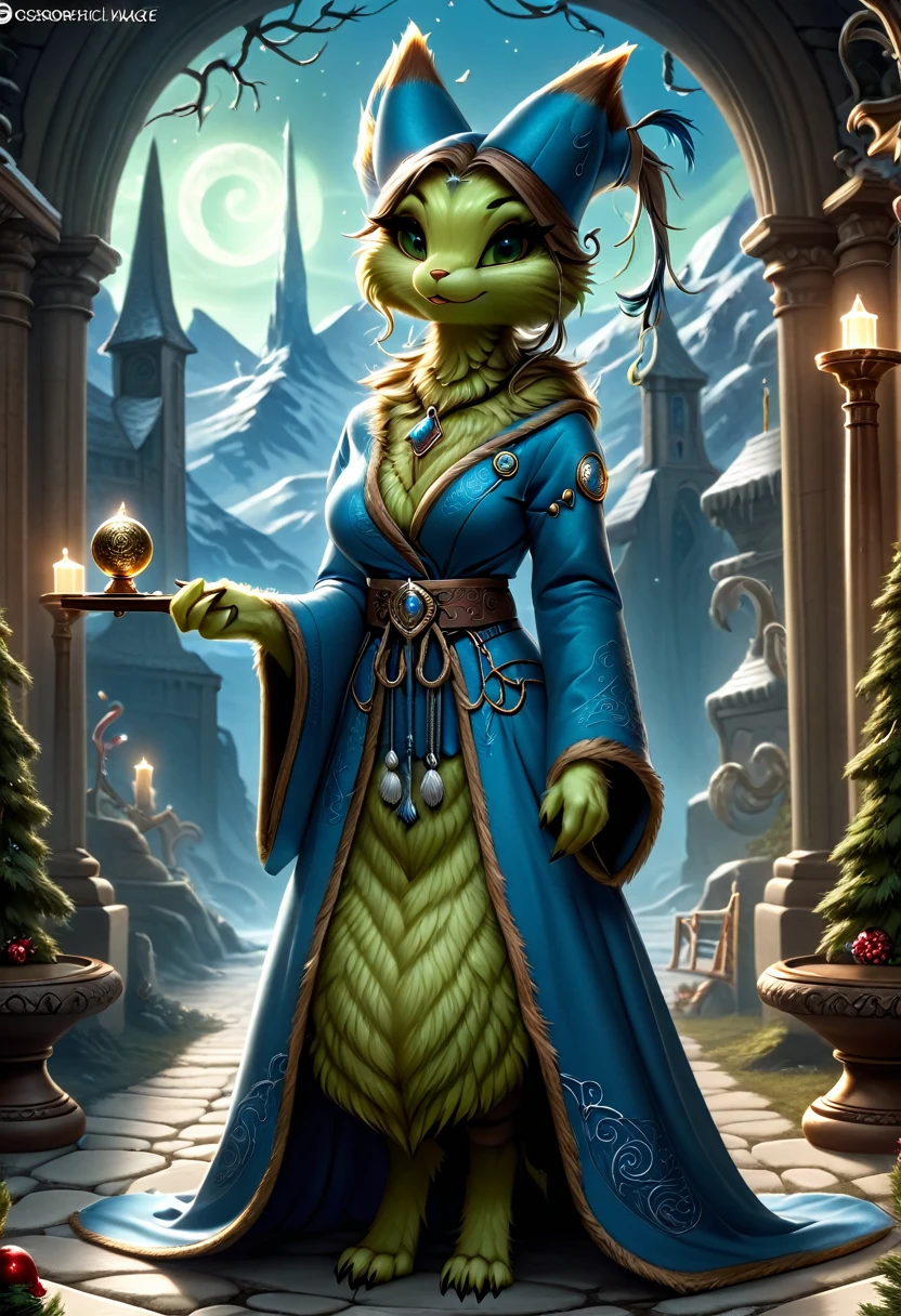 Anthropomorphic female grinch grasshopper mage. Official Art – Charecter profile. An Award-Winning Digital Masterpiece In 4K Ultra HD, Extreme Detail And Intricate Realism. Symmetrical Face. This Concept Art Brought To Life By The Hands Of Artists Like Wlop & Artgerm In A Stunning 2D Vector Illustration.Background Is A Panoramic Vista.
