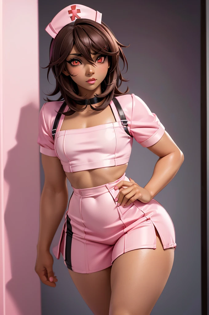 ((anime boy)), ((crossdresser)), (((1boy)))), (((solo))), ((((alone)))) medium dark brown hair, red eyes, ((((brown skin)))), wide hips, narrow waist, thick thighs, ((happy)), standing in a hospital, (black eyeshadow), (deep red lipstick), ((flat chest)), short skirt, shirt, (((skin tight pink nurse outfit)))