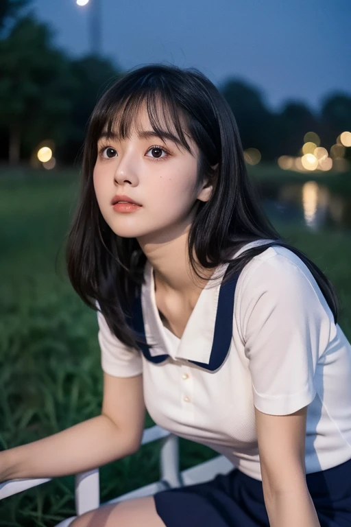 masterpiece、８ｋ、Highest quality、21 years old、Beautiful Eyes、Close-up of a face、from the front、Riverbank、night、Sky、(((Many Stars)))、Looking up at the sky、Looking into the distance、((White camisole))、((Navy blue mini skirt))、Rural landscape、Medium-long hair、Straight black hair、bangs