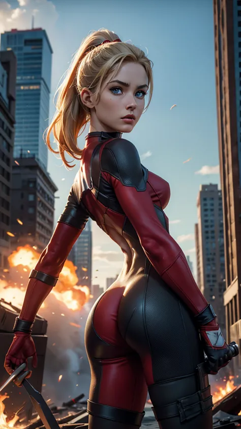 deadpool, (marvel comics), marvel x-men, sexy girl, powerful, red classic sexy suit, broken suit, young, skynny body, small and ...