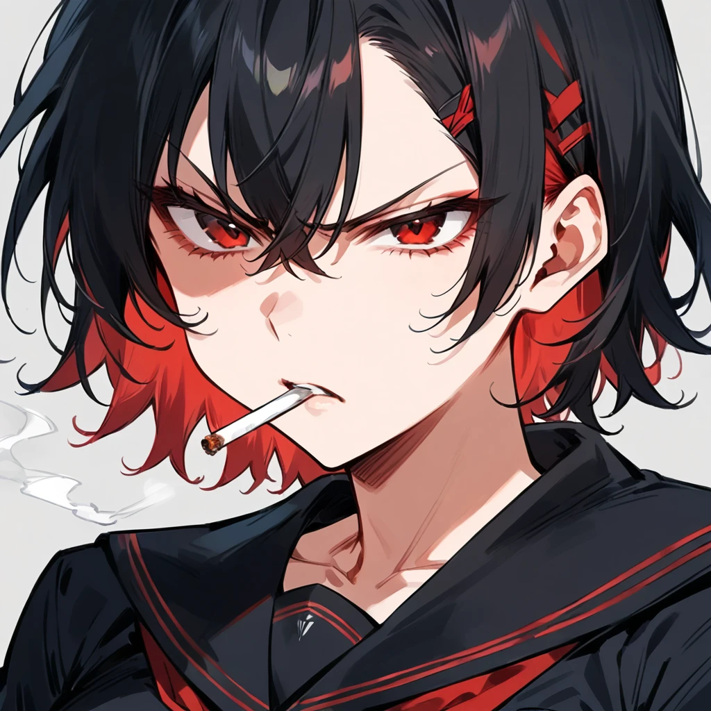 score_9, score_8_up, score_7_up, masterpiece, ultra-detailed,1Girl, sendou ayumu, Black hair, red inner hair, Black serafuku, angry ,smoking cigarette, cigarette in mouth, face close-up
