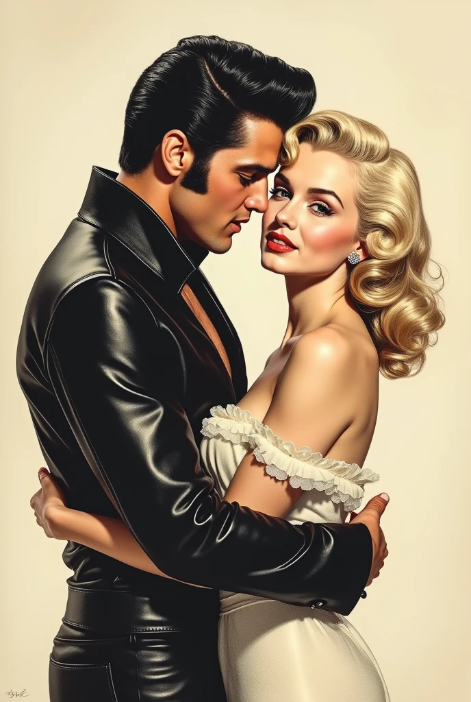 Elvis Presley and Marilyn Monroe embraced in a vintage drawing, facing forward 