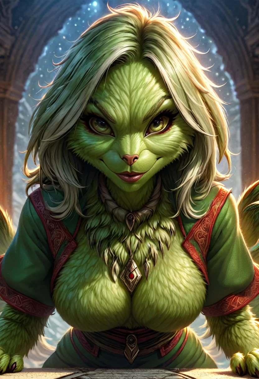 Anthropomorphic female grinch grasshopper mage. Official Art – Charecter profile. An Award-Winning Digital Masterpiece In 4K Ultra HD, Extreme Detail And Intricate Realism. Symmetrical Face. This Concept Art Brought To Life By The Hands Of Artists Like Wlop & Artgerm In A Stunning 2D Vector Illustration.Background Is A Panoramic Vista.
