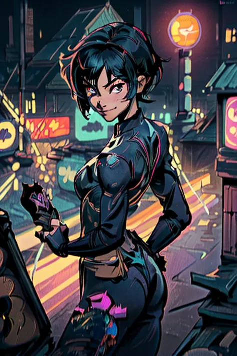 (masterpiece, best quality),1girl, solo, cassandra cain, batgirl suit, black hair, brown eyes, smile,
akihabara city, of the dea...