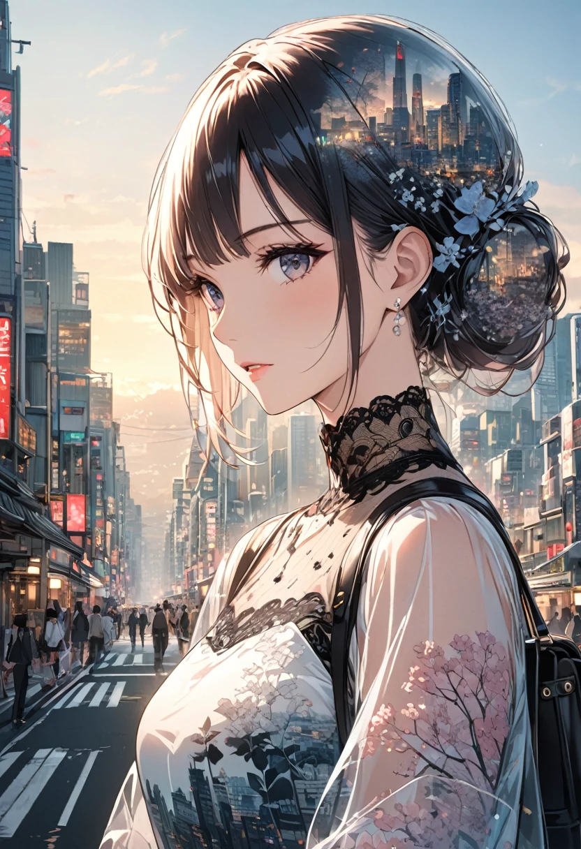    Double exposure of a beautiful and delicate lady(Face clear and perfect)Image，The backdrop is a hyper-detailed tokyo city perfect for, Beautifully, Intricate illustrations, art work concept art work masterpiece, best quality, Super detailed, HD