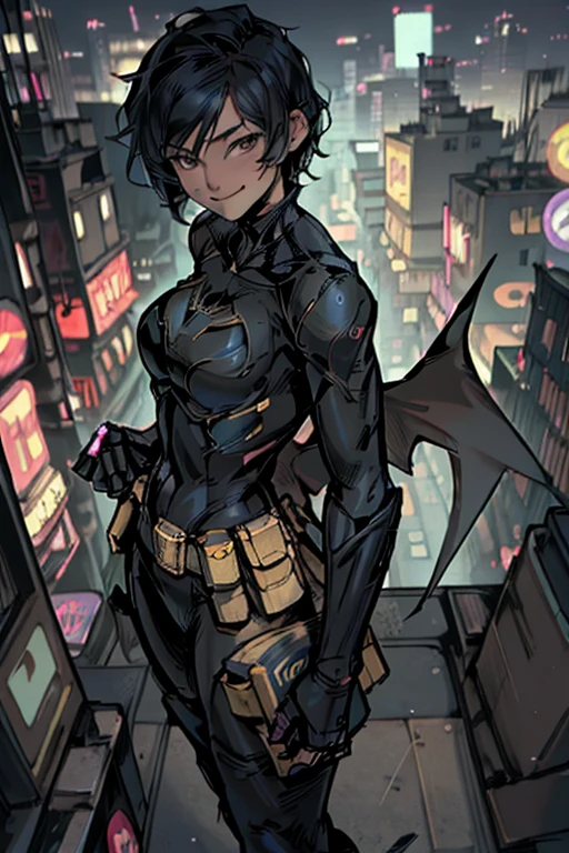 (masterpiece, best quality),1girl, solo, cassandra cain, batgirl suit, black hair, brown eyes, smile,
akihabara city, of the dead,  night,  from above, STANDING rooftop, neon sign, game center, 