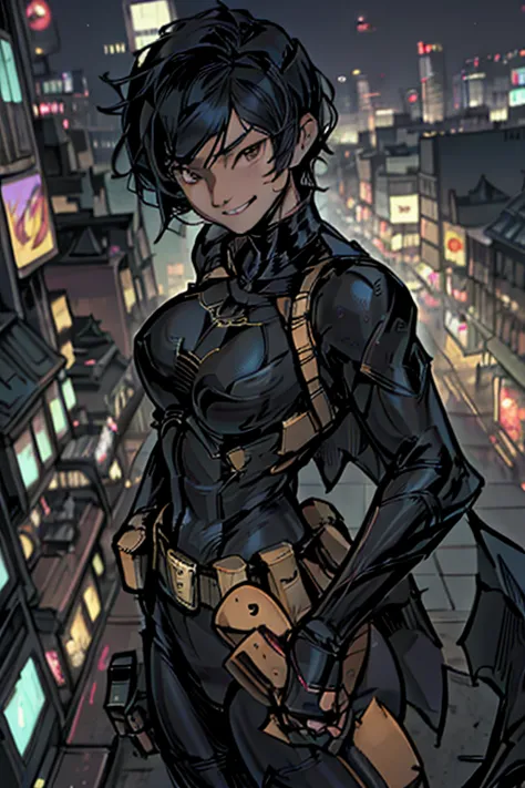 (masterpiece, best quality),1girl, solo, cassandra cain, batgirl suit, black hair, brown eyes, smile,
akihabara city, of the dea...