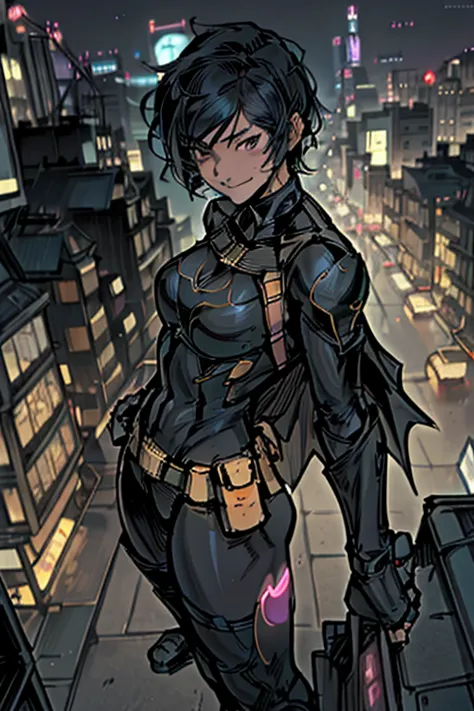 (masterpiece, best quality),1girl, solo, cassandra cain, batgirl suit, black hair, brown eyes, smile,
akihabara city, of the dea...