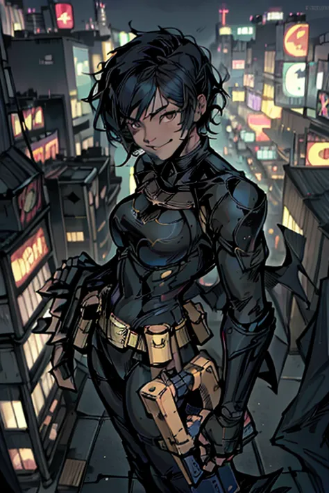 (masterpiece, best quality),1girl, solo, cassandra cain, batgirl suit, black hair, brown eyes, smile,
akihabara city, of the dea...