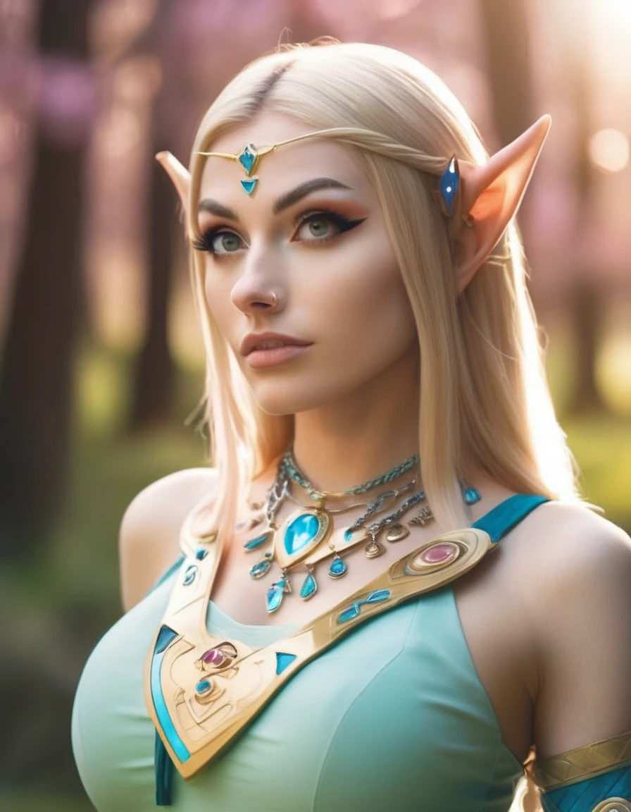 rlystylr woman , cosplaying as Princess Zelda, elf Ears, high quality, masterpiece, gorgeous, cinematic, dramatic ambient, highly detailed, very cool, futuristic, sharp focus, intricate, vibrant, color, huge breasts,