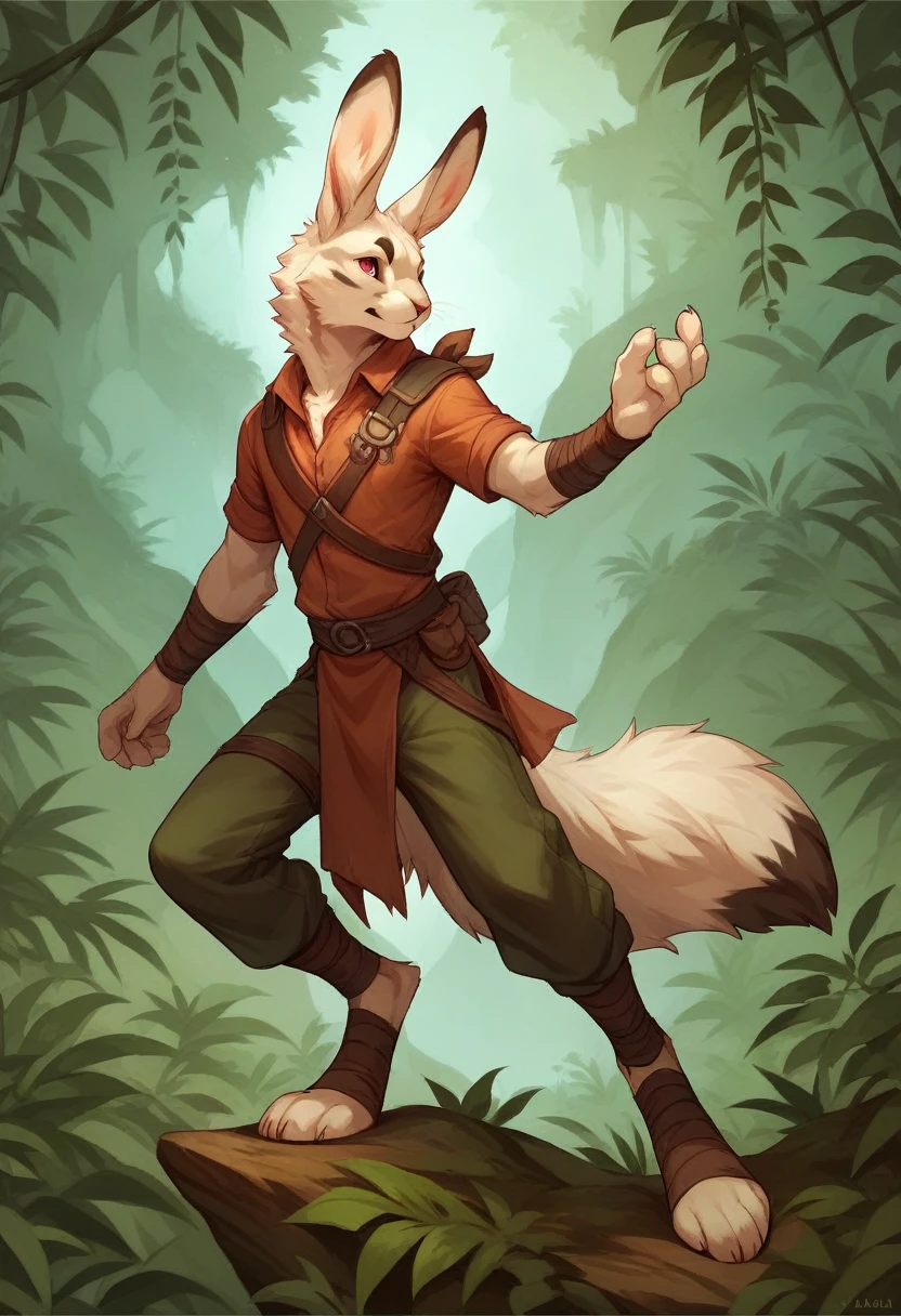 Male bunny, lean and short and long body, white fur, medium hair, whole body, pose, red eyes, bow in hands, long legs, fluffy tail, in the clothes of a jungle hunter