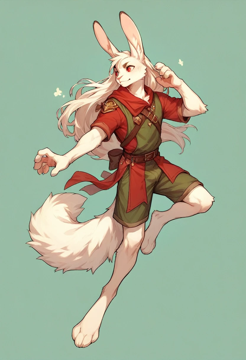 Male bunny, lean and short and long body, white fur, long hair, whole body, pose, red eyes, bow in hands, long legs, fluffy tail, in the clothes of a wild hunter